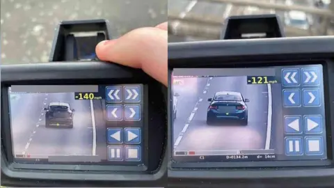 An image of two speed limit checks on a monitor. They show two black cars, travelling at speeds of 140mph and 121 mph. 
