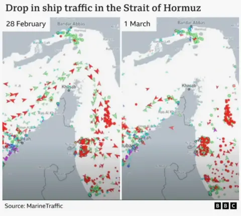 Map showing a significant drop in shipping between 28 February, when the war began, and 1 March 2026 Source: MarineTraffic