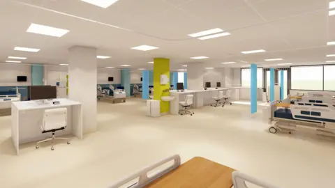 OUH CGI mock-up of the new Emergency Assessment Unit at the John Radcliffe. The image shows a bright room with hospital beds at either end and desks in the middle.