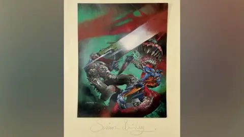 Excalibur Auctions ABC Warriors Book 4 artwork. Two men battle it out in a sci-fi setting. One holds a giant gun over his shoulder while the other grasps a sword. The teeth of a giant monster can be seen behind them.