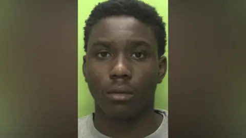 A police mugshot of a young man in a grey top and green background