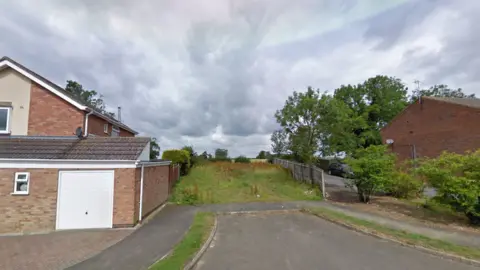 Google A grassy access track to a field between two houses