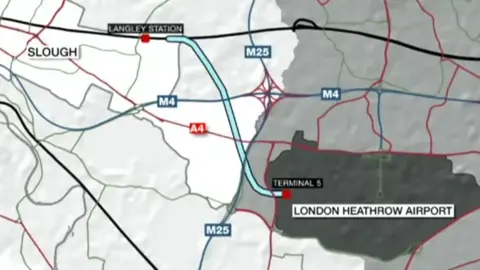 Map with the new line from Langley to Heathrow Airport highlighted in light blue