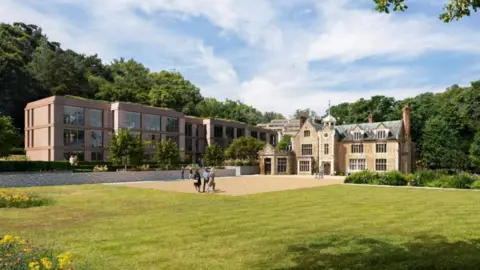 Illustrative drawing of proposed development at Braboeuf Manor showing a modern complex next to the 16th Century manor house.  