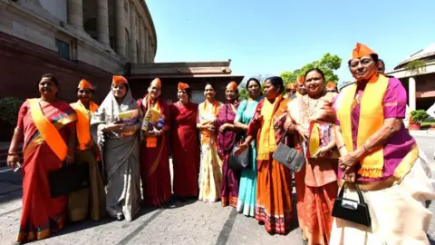 Women BJP's Ministers and MP's leave after watching Prime Minister Narendra Modi's virtual address on the occasion of BJP Foundation day , at Parliament house library on April 6, 2023 in New Delhi, India. (Photo by Sonu Mehta/Hindustan Times via Getty Images)