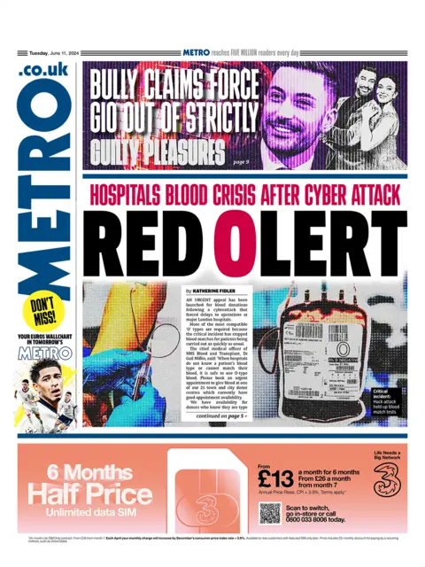 Metro headline reads: Red Olert - hospitals blood crisis after cyber attack