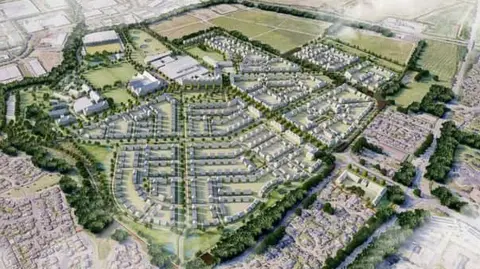 Shariqua Ahmed / BBC An artist image of the proposal. An aerial view of with rows of houses surrounded by greenery. 