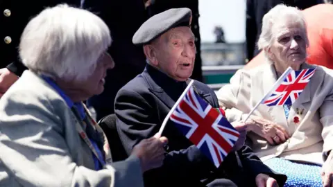 D-Day veteran Joe Randall, 100, attends the UK's national commemorative event for the 80th anniversary of D-Day, hosted by the Ministry of Defence on Southsea Common on June 5, 2024 in Portsmouth