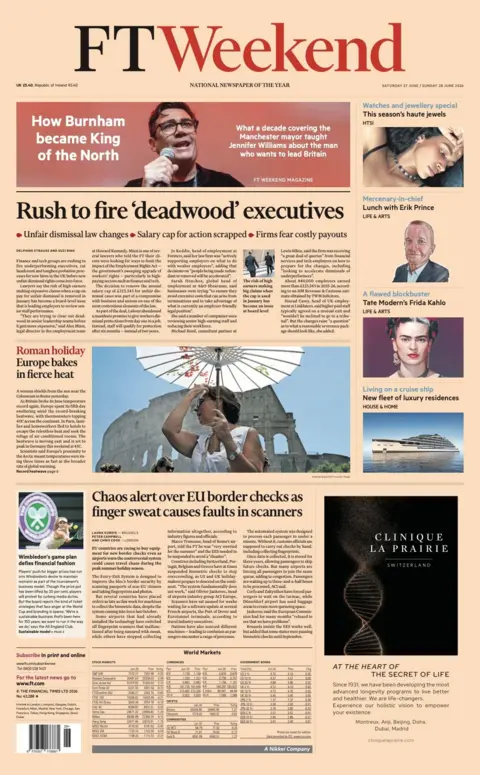 The headline on the front page of the FT Weekend reads: "Europe bakes in fierce heat."