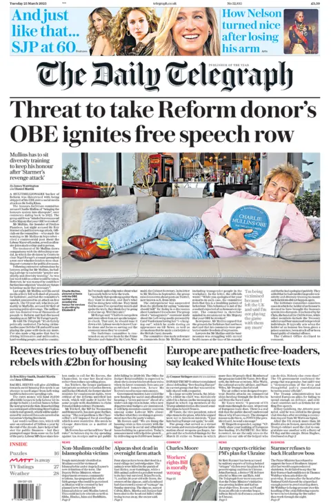 The Daily Telegraph with headline: "Threat to take Reform donor’s OBE ignites free speech row"