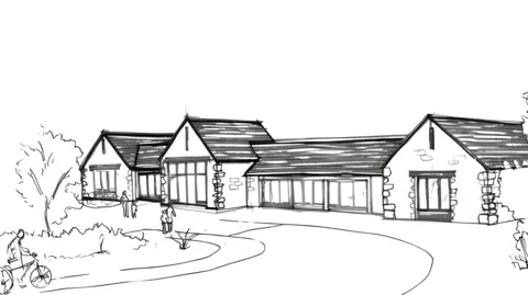 Alexandra House of Joy A pencil drawing of the envisioned centre, a long, cozy-looking single-storey building.