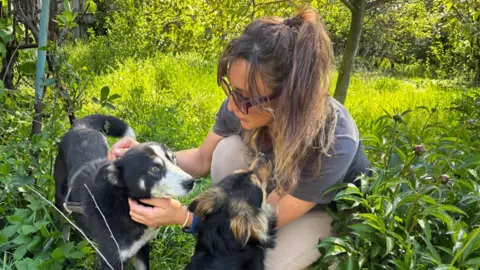 Nina Ley Nina Ley crouches down to stroke two dogs. She is in a wooded area and has long brown hair in a ponytail.