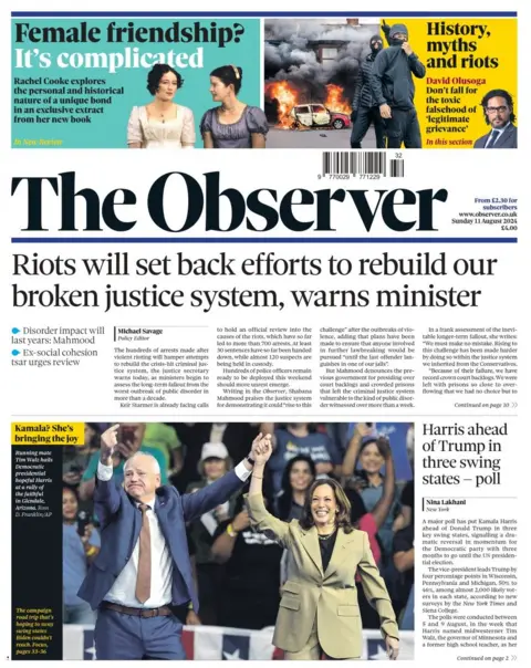 The headline in the Observer reads: Riots will set back efforts to rebuild our broken justice system, warns minister