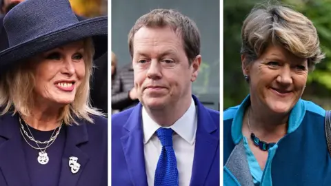 PA Media/Getty Images Composite image showing Joanna Lumley, Queen Camilla's son Tom Parker Bowles, and broadcaster Clare Balding.