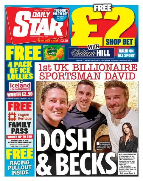 The headline on the front page of the Daily Star reads: "Dosh & Becks."
