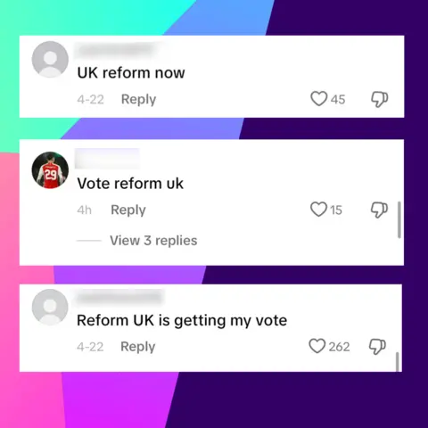 A graphic showing a sample of comments under TikTok videos supporting Reform UK: "UK reform now", "Vote reform UK" and "Reform UK is getting my vote"