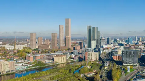 A 3D artist impression of a Greater Manchester skyline, showing a river, flats and tall skyscrapers