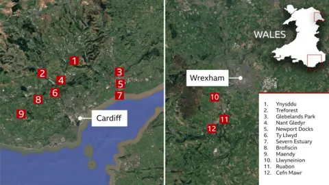 The graphic consists of two aerial satellite maps placed side by side. The larger southern map is labelled "Cardiff" and contains numbered red markers from 1 to 9 spread across the South Wales Valleys, Newport area and the Severn Estuary. The northern map is labelled "Wrexham" and contains markers 10 to 12 south of the town. A legend on the right links each number to a location name: Ynysddu, Treforest, Glebelands Park, Nant Gledyr, Newport Docks, Ty Llwyd, Severn Estuary, Brofiscin, Maendy, Llwyneinion, Ruabon and Cefn Mawr. Above the legend, a white silhouette map of Wales uses red boxes to indicate the two regions displayed.