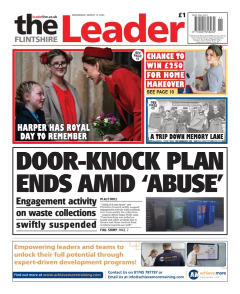 Flintshire Leader Front page of Flintshire Leader with top story "door-knock plan ends amid abuse" on waste collections with picture of bins