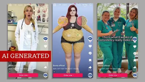 BBC Three screenshots of TikTok videos side-by-side. On the left, a young woman wearing a doctor's jacket in a doctor's office stands with her mouth agape. In the middle, a cartoon of an obese woman with the fat cells highlighted. On the right, three young women in scrubs smiling.