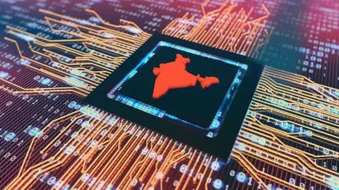 The image shows circuit boards and electronic components with a saffron India map in the middle. 