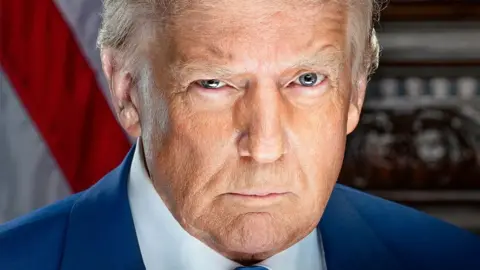 Donald Trump appears in his official presidential portrait for his second term in office. He looks directly into the camera and appears to have a raised eyebrow. He is wearing a blue tie and white shirt with an American flag lapel on the left side of his suit jacket