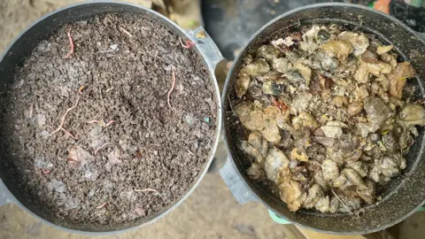 Gill Thomas Two round, black trays. The one on the right shows a mixture of dog poo, cardboard and worms. The one on the left shows compost and worms. 