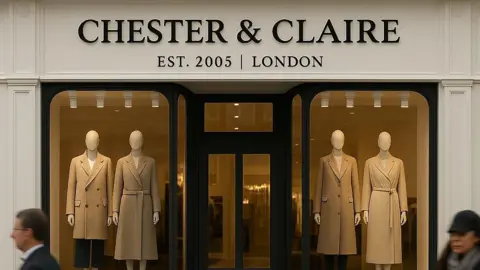 Chester and claire shop Ai resurrected, named Chester and claire', has four mannequins dressed in beies in the shop window. People apparently walk in front of the store outside. 