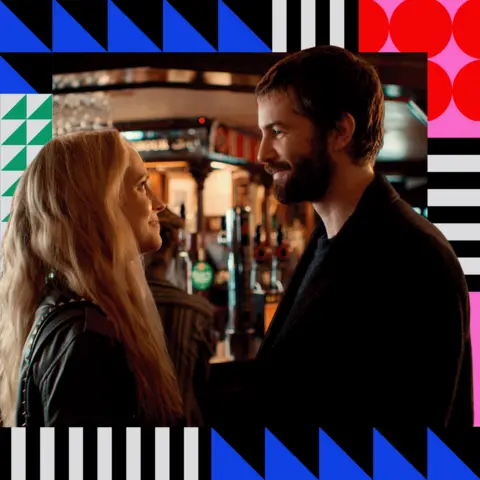 BBC/ 2024 SUBOTICA (MIX TAPE), AQF HOLDING PTY, FOXTEL MANAGEMENT PTY AND SCREEN NSW/Cait Fahy A scene from Mixtape, showing a woman and a man looking at each other in a bar