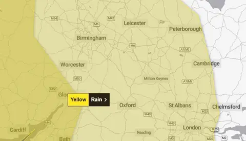 The Met Office A map of central southern England  and Wales from Leicester in the north to Cardiff in the south west and London in the south east. The areas affected by the rain warning are highlighted in yellow