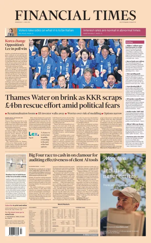 The headline on the front page of the Financial Times reads "Thames Water on brink as KKR scraps £4bn rescue effort amid political fears".