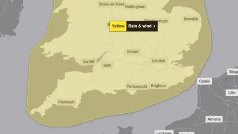 Met Office A map of England and Wales, showing an extensive area under a yellow warning from the Met Office for a risk of heavy rain and strong winds later Friday and on throughout Saturday. Currently the warning covers all of England and Wales.