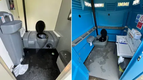 Two pictures of the portable toilets at the Victoria Embankment, showing a wet floor in both, and paper on the floor on one.