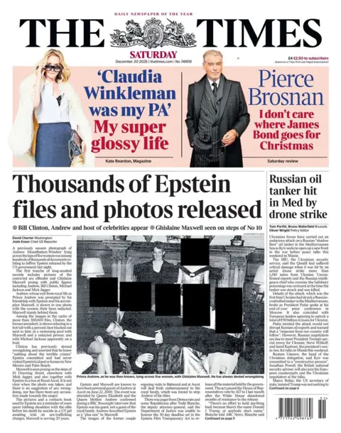 "Thousands of Epstein files and photos released" reads the headline on the front page of the Times.