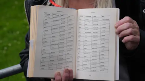 PA Media A person holding an open book with a list of people. The list has four columns; 'SURNAME'; 'FORENAME'; 'DOD'; and 'AGE'.