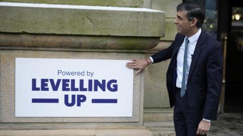 Rishi Sunak in January with a sign reading Powered by Levelling Up, on a community project visit to Accrington Market Hall in Lancashire