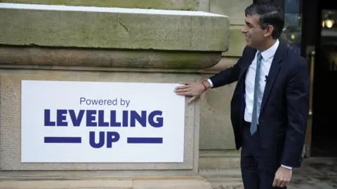 PA Media Rishi Sunak in January with a sign reading Powered by Levelling Up, on a community project visit to Accrington Market Hall in Lancashire