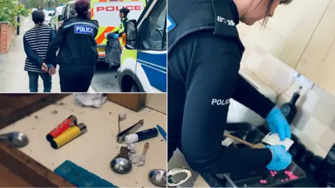 Northumbria Police Woman being arrested, drugs paraphernalia, officer bagging up drugs evidence