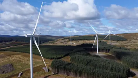 Sainsbury's A set of wind turbines on a Borders hillside surrounded by stretches of forest and a cloudy blue sky