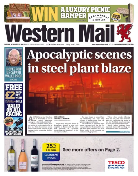 Western Mail Front page of the Western Mail with the splash headline "Apocolyptic scenes in steel plant blaze" and a picture of orange flames engulfing an industrial area. Other headlines on the page include "Hopes for uncapped Wales prop".