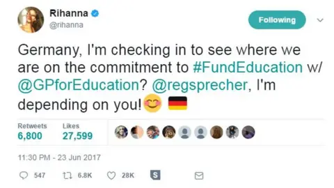 @rihanna/twitter Germany, I'm checking in to see where we are on the commitment to #FundEducation w/ @GPforEducation? @regsprecher, I'm depending on you!😊 🇩🇪