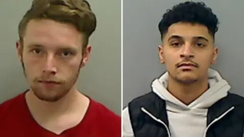 Two mugshots. On the left is Paul Smith who has brown, short hair and is wearing a red t-shirt. On the right is Rosh Mahmood who has dark, short, curly hair. He's wearing a grey hoodie and black vest.