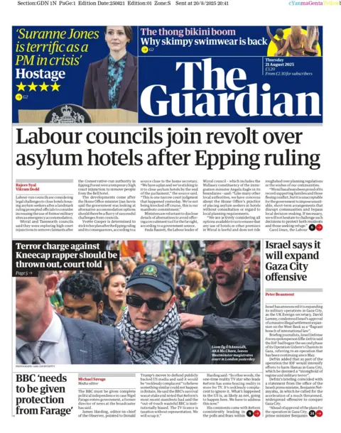 "Labour councils join revolt over asylum hotels after Epping ruling" reads the headline on the front page of The Guardian.