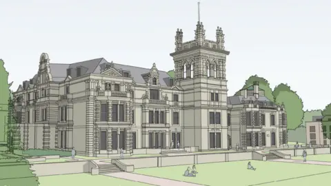 Fairline Homes An artist's drawing in light green, mid-green and grey of Overstone Hall after redevelopment. It shows a four-storey Victorian mansion with an Italianate tower, trees, lawns and people. 