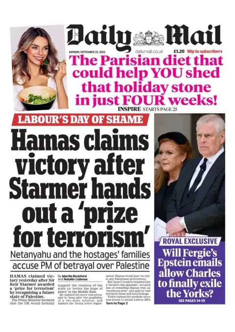 "Hamas claims victory after Starmer hands out a 'prize for terrorism'," reads the headline on the front page of The Daily Mail.