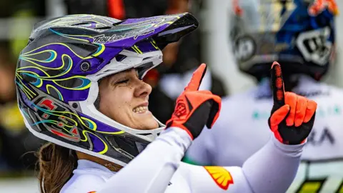 Beth Shriever celebrates at the 2025 BMX World Championships
