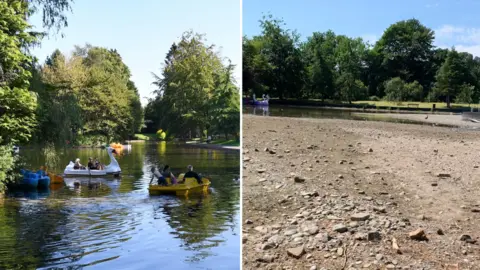 A composite image of a boating pond with one side full of water and boats and the other bone dry