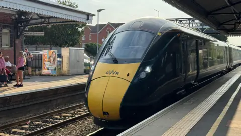 BBC GWR Azuma train pulling into Evesham Railway station.