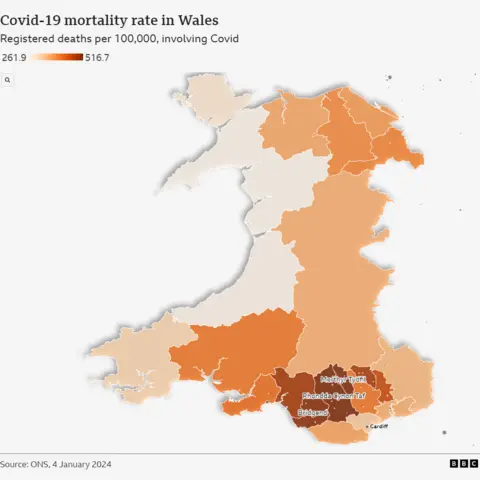 Covid mortality map of Wales