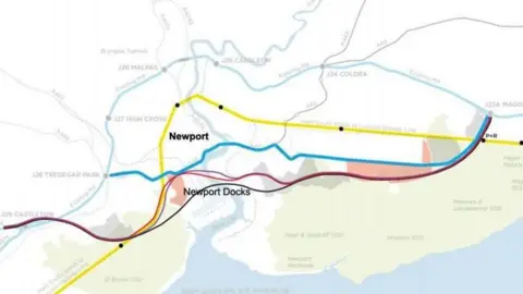 IWA/CILT A map of Newport with several coloured lines drawn across it, indicating examples of where new roads could be built.